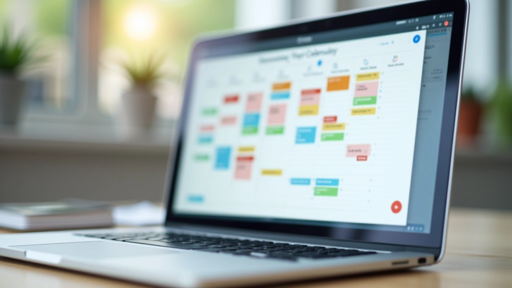 Laptop screen showing calendar application with color-coded schedule and notifications