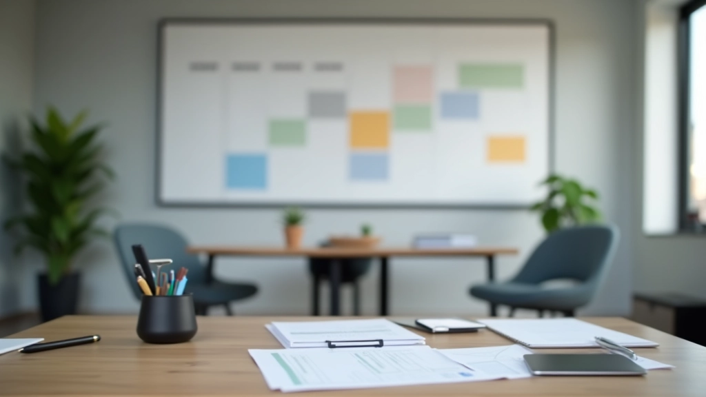 Modern office workspace with team planning calendar on wall and organized desk