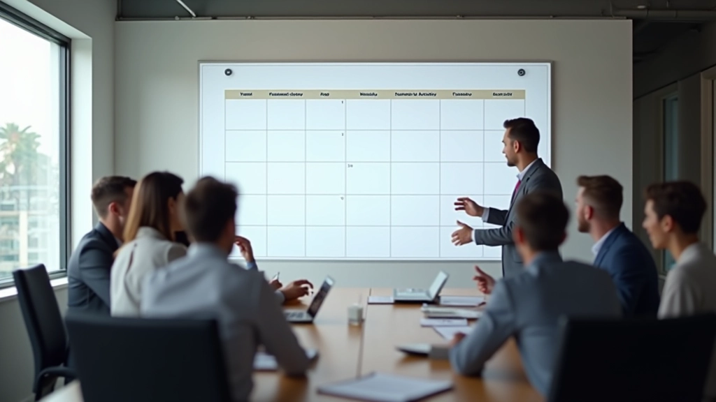 Team meeting with calendar visible on wall showing weekly schedule