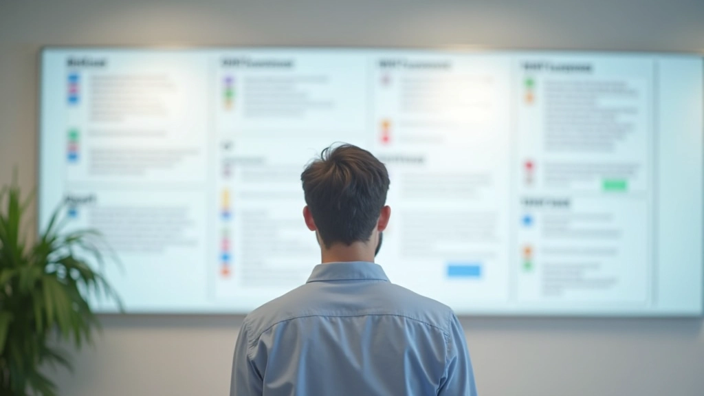 Team member pointing at organized project planning board with color-coded tasks and timeline