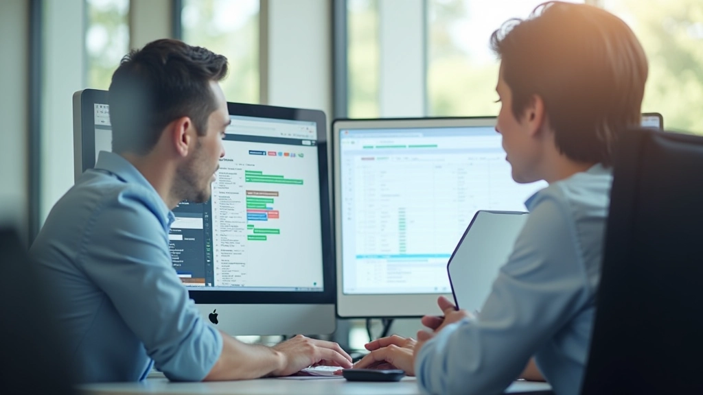 Team members working at desk with multiple monitors showing different scheduling applications and calendar views
